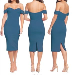 BLUE Dress the population midi/ off the shoulder dress